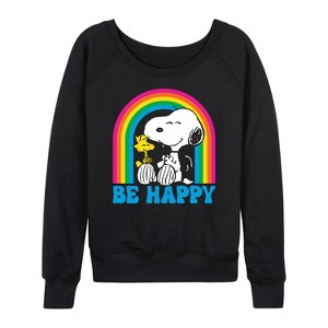 Women's - Peanuts - Be Happy Rainbow Lightweight French Terry Wide Neck Long Sleeve Graphic Shirt - 1 of 4