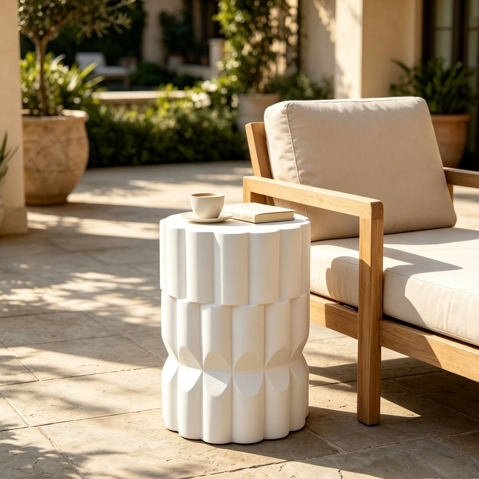 Patio End Table Geometric Indoor&Outdoor Side Table MGO Weather-Resistant Accent Table, No Assembly Needed, White - ModernLuxe