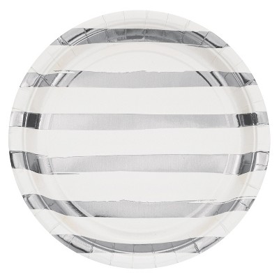 White and Silver Foil Striped 9" Paper Plates - 8ct