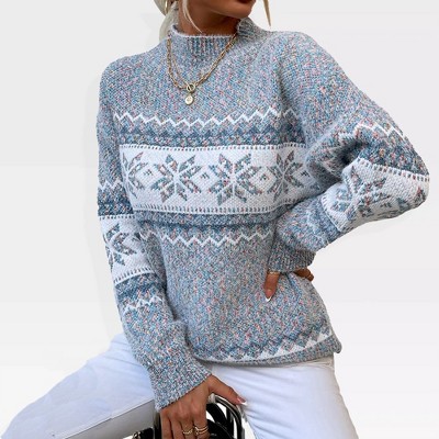 Damski sweter z golfem z motywem śnieżynek i świątecznym wzorem, długi rękaw, dzianina, 1 z 6