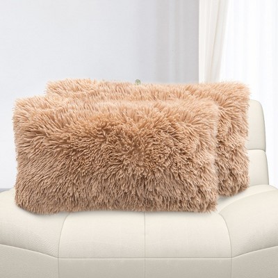 Taupe Shaggy Faux Fur Lumbar Throw Pillows Set of 2