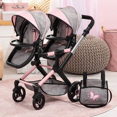 Butterfly Grey and Pink Twin Doll Pram with Adjustable Handle