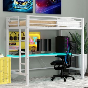 NicBex Twin/Full Size Metal Gaming Loft Bed with LED Lights,Desk,Charging Station&Guardrails,Multifunctional Loft Bed for Gamers&Teens,250lbs Max - 1 of 4