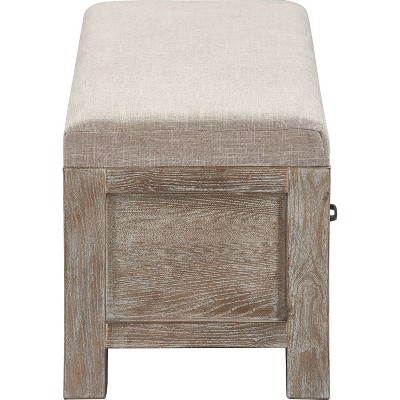Weathered Ash Cottage-Inspired Upholstered Storage Bench with Black Metal Accents