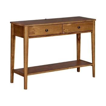 MUSEHOMEINC California Mid Century Contemporary Classic Solid Wood 2 Tier Console Entryway Table with Storage Drawers, Honey Brown
