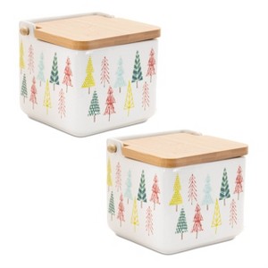 Ceramic 5" Christmas Tree Print Boxes (Set of 2) – Festive Storage Containers with Wood-Look Lids by Melrose - 1 of 3