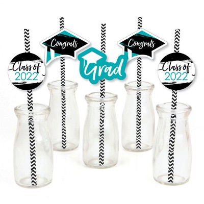 Big Dot of Happiness Teal Grad - Best is Yet to Come - Paper Straw Decor - Turquoise 2022 Graduation Party Striped Decorative Straws - Set of 24