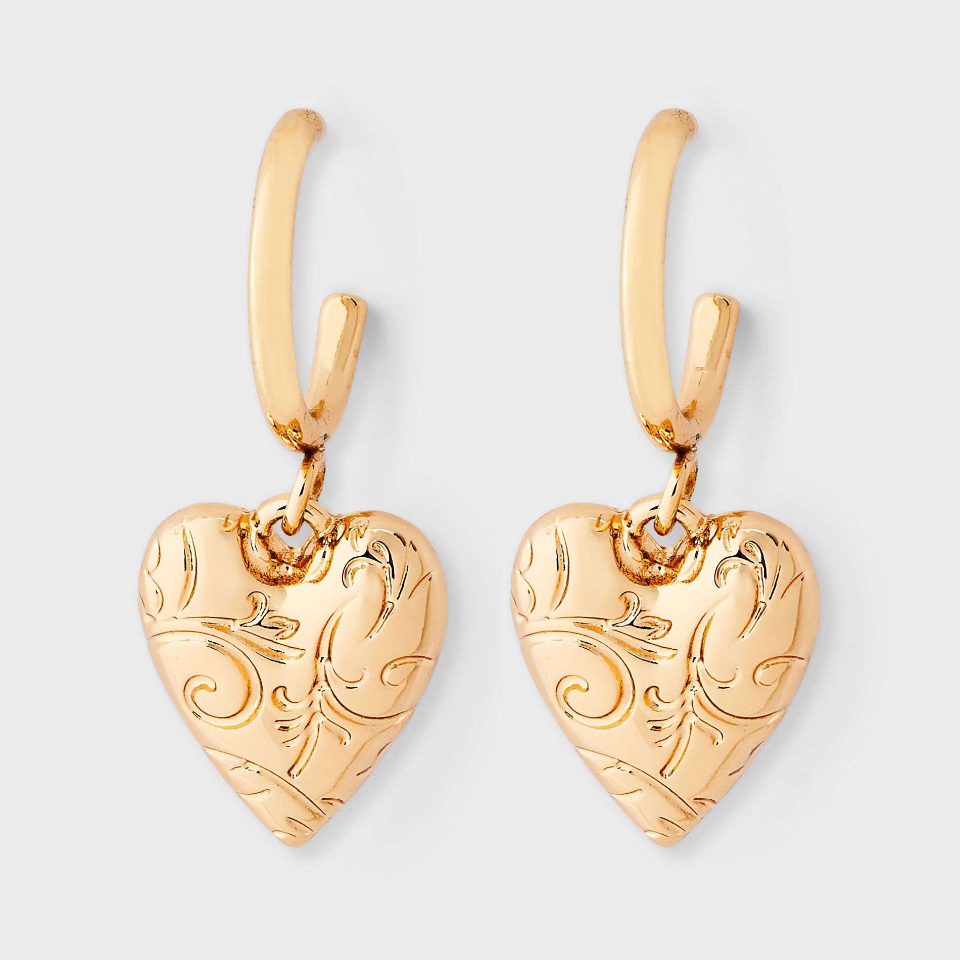 Embossed Detail Heart Charm Small Hoop Earrings - Universal Thread™ Gold