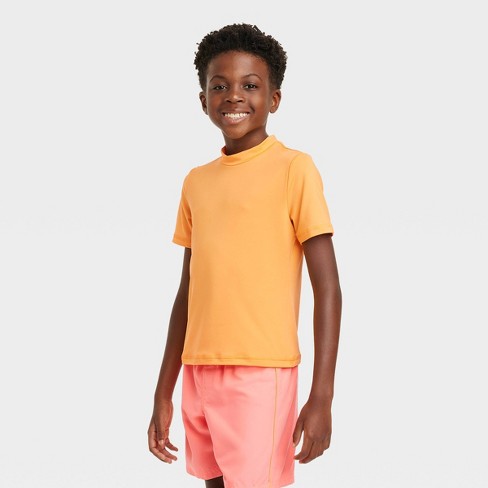 Boys' Solid Short Sleeve Rash Guard Swim Shirt - Cat u0026 Jack™ Orange Xl  Husky : Target