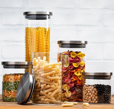 Set of 5 Round Canisters, Glass Kitchen Canister with Airtight Bamboo -  Le'raze by G&L Decor Inc