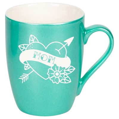 100 North Floral Heart 10 Ounce Seafoam Metallic Finish, Comfortably Fits Your Hands, New Bone China Coffee Tea Cup Mug, Mom