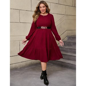 Plus Size Women's Long Knit Dress with Lantern Sleeves, Soft Casual Crewneck Tunic Sweater Dress for Tall Ladies - 1 of 4
