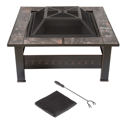 Nature Spring 32" Square Outdoor Fire Pit - Bronze Finish, Black/Orange Tiles