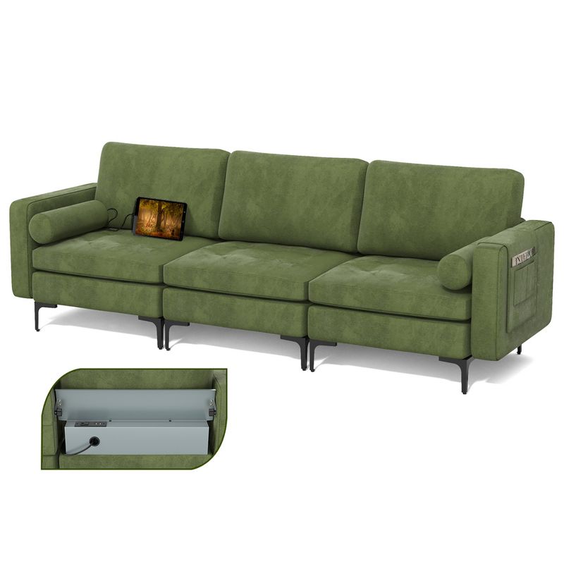 Costway Modular 3-Seat Sofa Couch w/ Socket USB Ports & Side Storage Pocket Army Green, 1 of 11