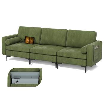 Costway Modular 3-Seat Sofa Couch w/ Socket USB Ports & Side Storage Pocket Army Green