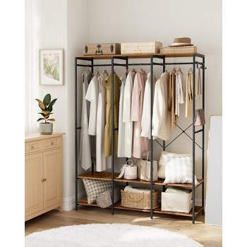 SONGMICS Wardrobe, Iron and Wood Portable Closet, Heavy Duty Clothes Rack, Bedroom Armoires Storage Rustic Brown