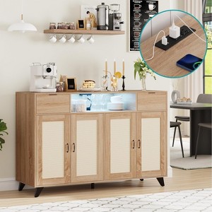 47" Sideboard，Buffet Cabinet with 4 Rattan Doors & 2 Drawers，Power Outlet & LED Light - 1 of 4