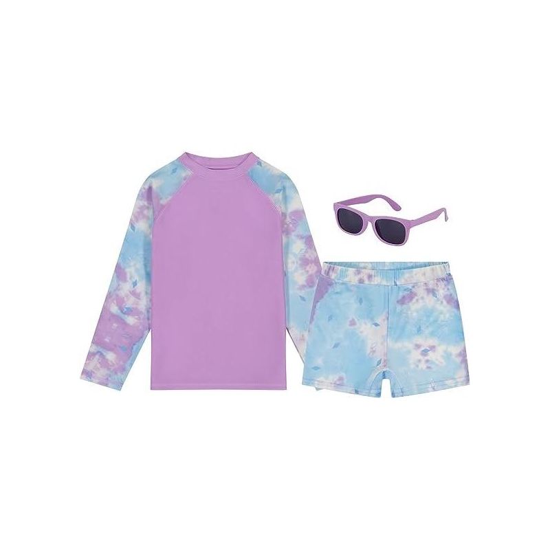 Girls Swim Set with Long Sleeve Rash Guard, Swim Shorts, and Sunglasses,  Kids Ages 3T-8 (Purple - Tie Dye), 1 of 3