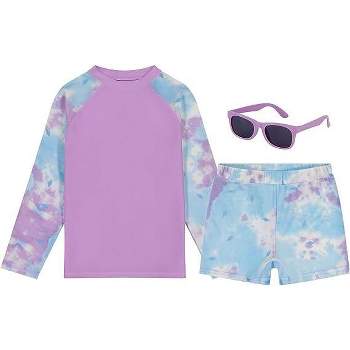 Girls Swim Set with Long Sleeve Rash Guard, Swim Shorts, and Sunglasses,  Kids Ages 3T-8 (Purple - Tie Dye)