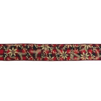 Northlight Red and Black Plaid Christmas Wired Craft Ribbon with Gold Poinsettias 2.5" x 16 Yards