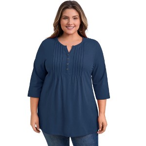 GRACE & GRANDEUR Women's Plus Size Split Neck 3/4 Sleeve Button Decor Pintuck Dressy Casual Blouses - 1 of 4