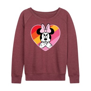 Women's - Disney - Minnie Mouse Rainbow Heart Lightweight French Terry Wide Neck Long Sleeve Shirt - 1 of 4
