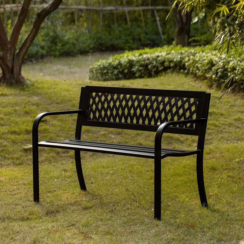Gardenised Outdoor Steel 47 Park Bench for Yard, Patio, Garden and Deck, Black Weather Resistant Porch Bench, Park Seating, 2 of 10