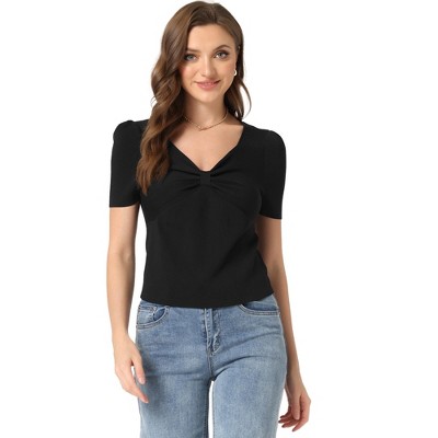 Allegra K Women's Sweetheart Neck Twist Knot Short Sleeve Ribbed Knit Crop Top