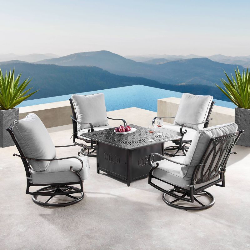 5pc Set with 42&#34; Square Outdoor Aluminum Fire Table &#38; Four Swivel Rocking Chairs &#38; Wind Blocker Lid - Oakland Living, 3 of 18