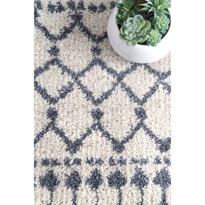 Beige and Blue Oval Trellis Shag Area Rug