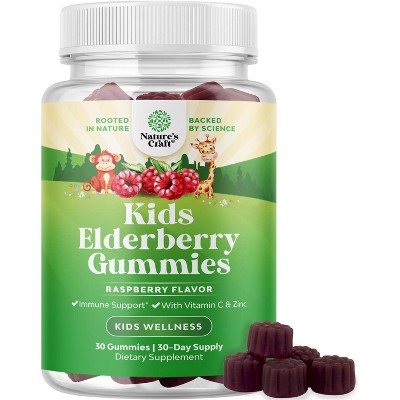 Kids Elderberry Gummies with Zinc & Vitamin C, Daily Immune Support Gummies for Children, Raspberry Flavor, Nature's Craft, 30ct