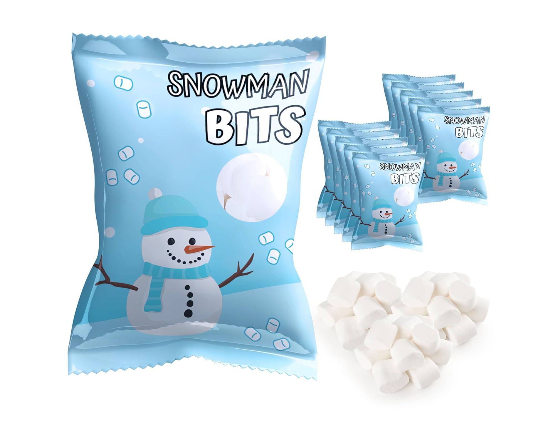 4E's Novelty Snowman Bits Mini Marshmallow 50 Packs - Vanilla Flavored Individually Wrapped Marshmallows Packets for Hot Chocolate