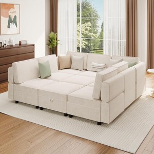 Modular L-Shape Sleeper Sectional with removable storage ottoman. 9-seat convertible sofa for living room, bedroom & apartment. - 1 of 4