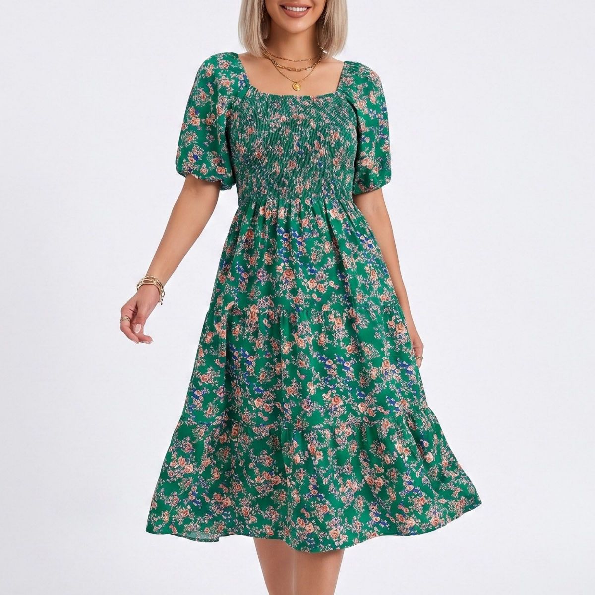 Anna-Kaci Women's Floral Square Neck Smocked Bodice Tiered Midi Dress