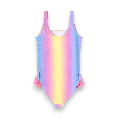 YMI Big Girls' One-Piece Tank with Ruffle Leg Hem Swimsuit, Rainbow Star Print, 10/12 — фото 2