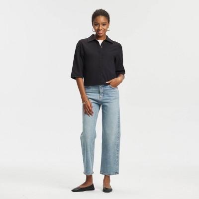 Women's 3/4 Sleeve Collared Button-Front Top - A New Day™ Black L : Target