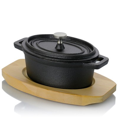 Gibson Home 11 Ounce Campton Mini Oval Cast Iron Casserole Dutch Oven with Wood Base