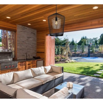 Transitional Matte Black Cage Pendant with Seeded Glass - 18.5" x 24.75"