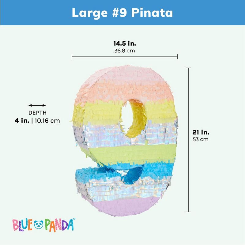 Blue Panda Large Number 9 Pinata for Kids 9th Birthday Party Decorations, Rainbow Pastel, 21 x 14.5 In, 4 of 9