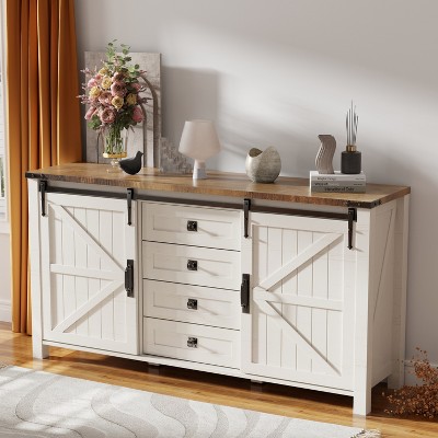 SinCiDo Farmhouse 60"Dressing Table with Sliding Barn Door and 4 Drawers,Drawer Cabinet Living Room,Bedroom,Coffee Bar