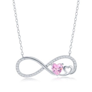 Bella Silver Sterling Silver, Heart Infinity Necklace - Pink CZ - Silver - 16+2 Inch - 1 of 2