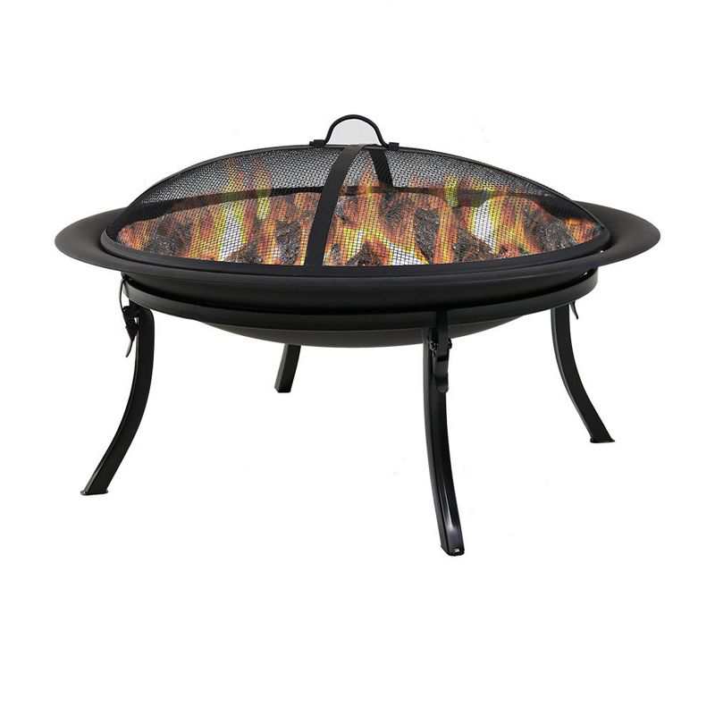 Sunnydaze Outdoor Portable Camping or Backyard Folding Round Fire Pit Bowl with Spark Screen, Log Poker, Folding Stand, and Carrying Case Cover - 29", 1 of 12
