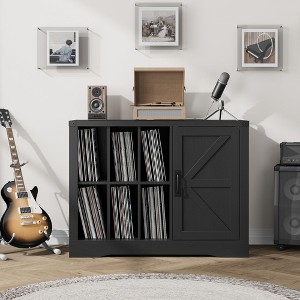 Record Player Stand Cabinet with Door, Farmhouse Turntable Storage Cabinet with Holder Shelves up to 750 Albums, Wooden CD DVD Table Rack - 1 of 4
