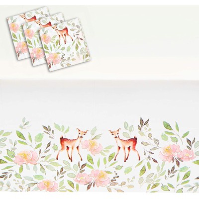 Sparkle and Bash 3-Pack Oh Deer Plastic Tablecloths, Disposable Table Covers, Woodland Floral Party Supplies