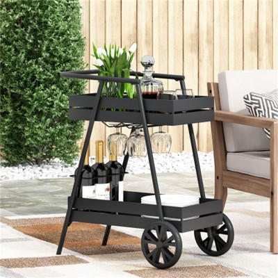 SKRAN Bar Cart, Industrial style Small Bar Carts for The Home, Cart Front legs with Wheels & Three slots for Bar, Kitchen, Dining, Black