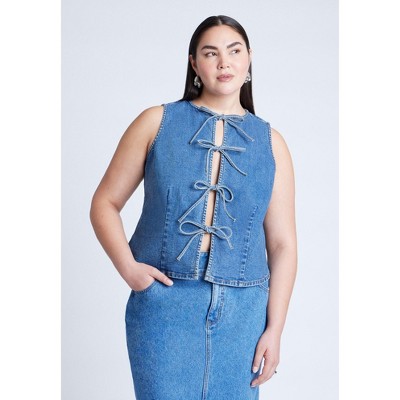 ELOQUII Women's Plus Size Tie Front Denim Vest