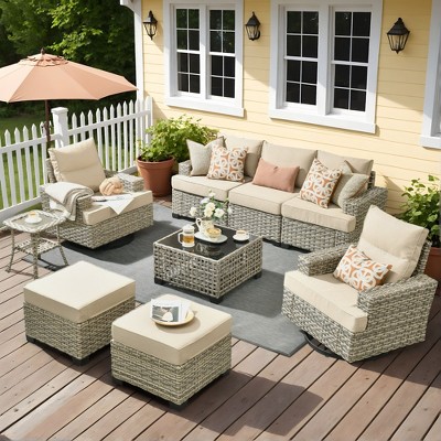 XIZZI Versatile Outdoor Rattan Sectional Sofa Set Collection, 8/9/10-Piece Set w/ Comfy Swivel Chairs, Perfect for Patio Relaxation and Entertaining