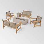 Augusta 6pc Wood & Wicker Chat Set with Fire Pit - Natural/Gray/Light Gray - Christopher Knight Home