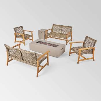 Augusta 6pc Wood & Wicker Chat Set with Fire Pit - Natural/Gray/Light Gray - Christopher Knight Home