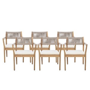 NAYSAYE Patio Dining Sets Braided Acacia Wood Dining Chairs with Cushions and Armrests for Garden Poolside, Cream and Beige, 23.25"*21.5"*32.25" - 1 of 4